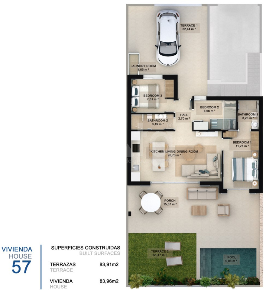 Bungalow cu 3 dormitoare în Torre de la Horadada - CC41657 - 1