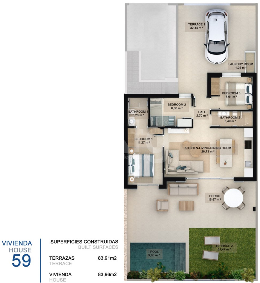 Bungalow cu 3 dormitoare în Torre de la Horadada - CC41658 - 1