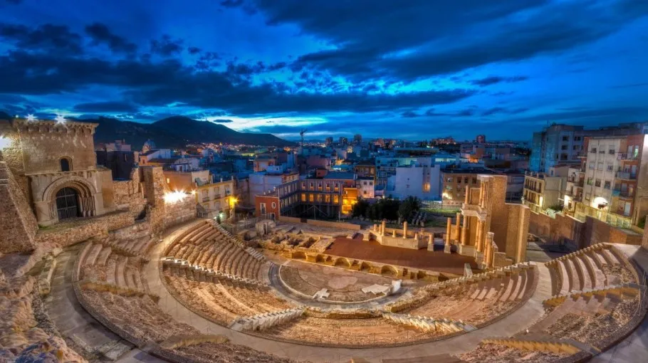 Night view of the fortress and the old town, Cartagena, Spain