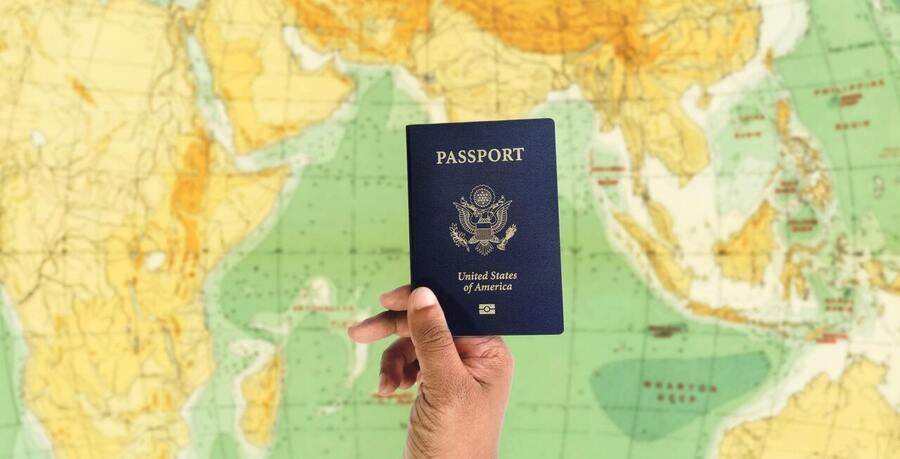 American passport on the map background